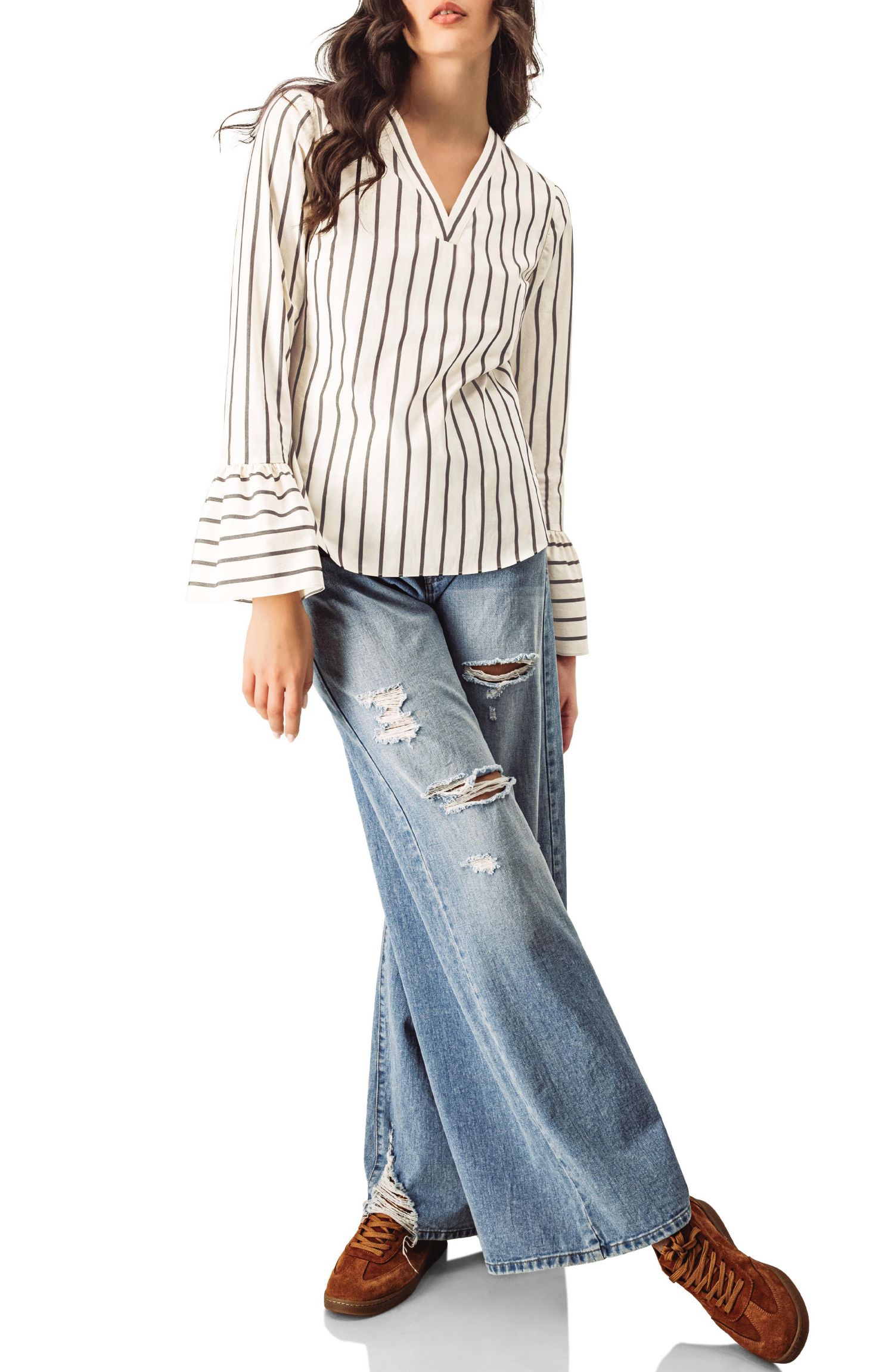 Women's Striped V-Neck Oversized Shirt