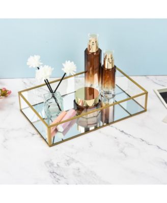 Handcrafted Glass Tray, Decorative Storage Tray for Makeup, Jewelry, Desk, or Bathroom, Clear with Gold