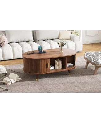  42.5" Oval Fluted Coffee Table with Charging Station, Sliding Door