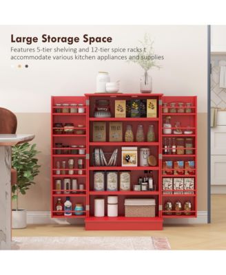 Kitchen Pantry Storage Cabinet w/ 5-tier Shelving, 12 Spice Racks