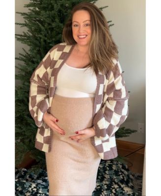 Maternity Taupe Checkered Print Oversized Cardigan