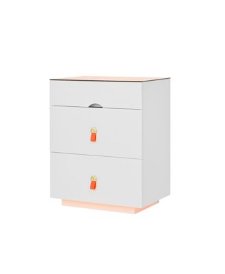 3-Drawer LED Nightstand, Glass Top, Faux Leather Handles