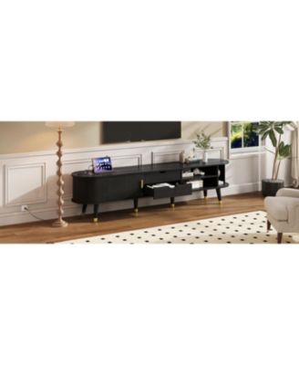 Wooden Oval TV Stand with Charging Station, Mid-Century Media Console, Black