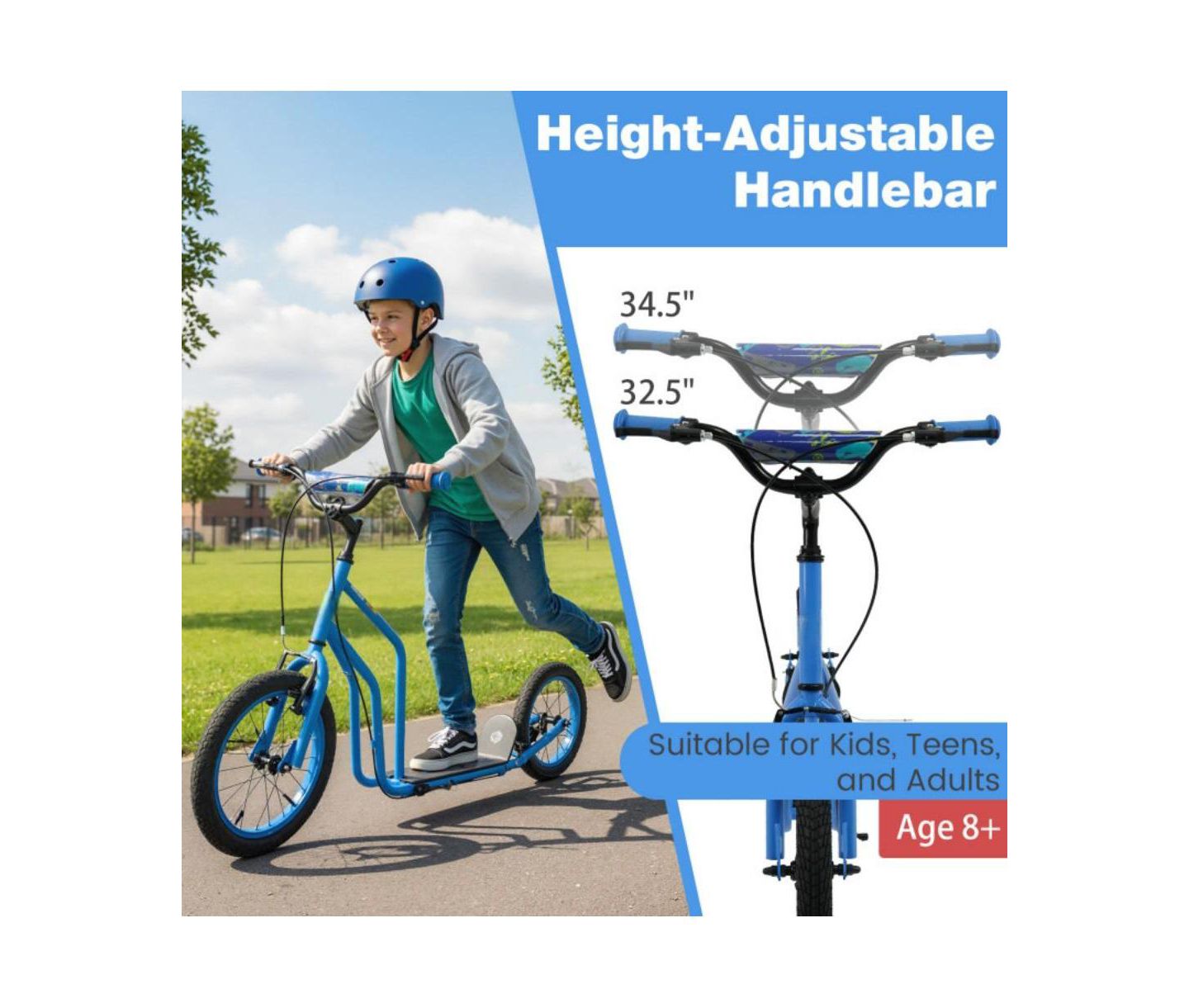 Детская игрушка HONGGE Youth Kick Scooter with Adjustable Handlebar and Inflatable Tires, 110 lbs Capacity, Ages 8+, цвет: Синий — фото 5