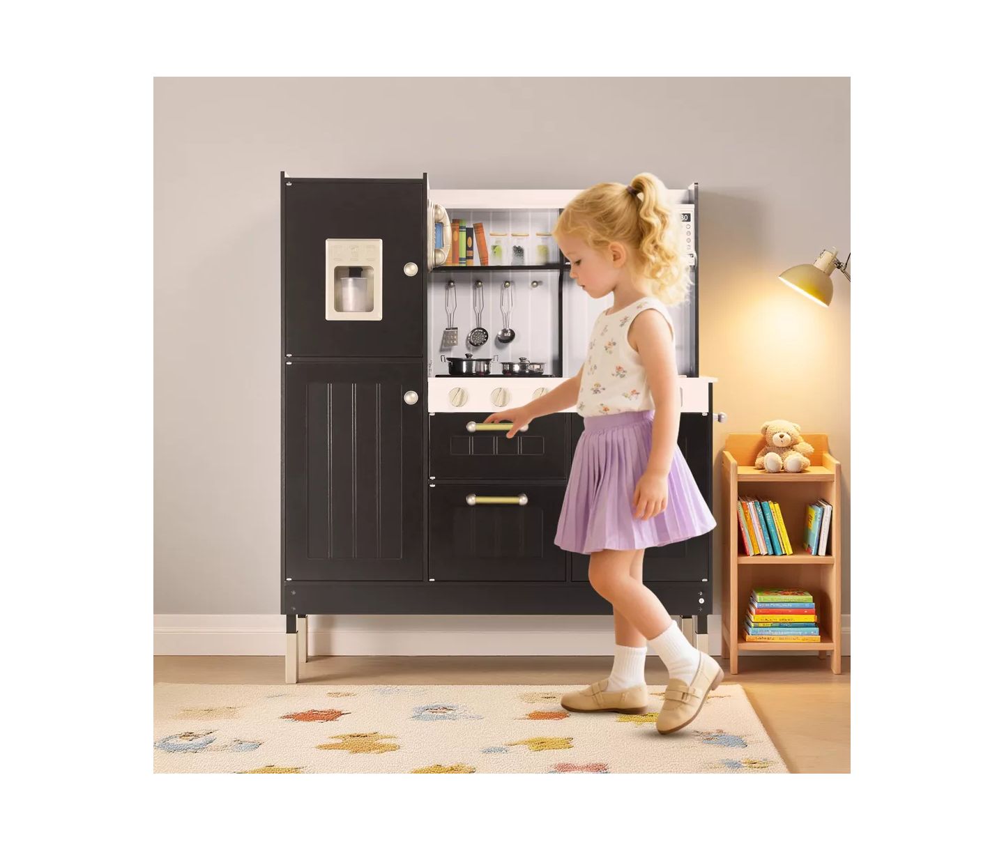 Детский игровой набор Kinder King Interactive Lights and Sounds Wooden Kitchen Playset, Ages 3+, цвет: Чёрный — фото 6