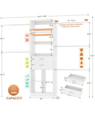 4-8 FT Walk-in Adjustable Closet Organizer System with 2 Drawers and 5 Rods, Fits 60-96'' Closets