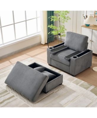 Oversized Corduroy Chaise Lounge Chair with Ottoman, Storage & USB - Grey