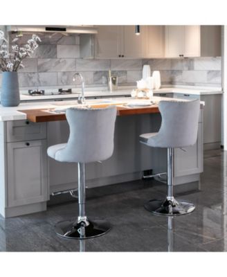 Streamdale Swivel Velvet Barstools, Adjustable Height, Chrome Base, Set of 2, Gray
