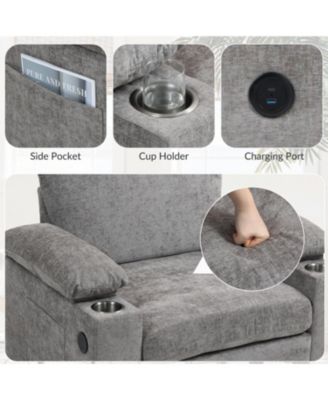 Oversized Chenille Chair with Ottoman USB & Cupholders