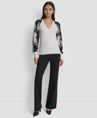 Women's Printed Organza-Sleeve V-Neck Shirt