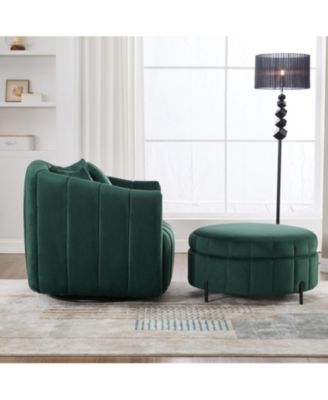Swivel Velvet Barrel Chair & Ottoman with Pillows - GREEN