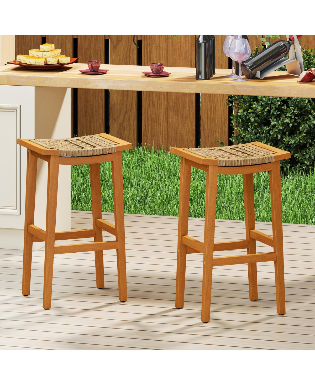 Gymax Outdoor Acacia Wood Bar Stools Set of w/ Pe Rattan Seats & Backrests