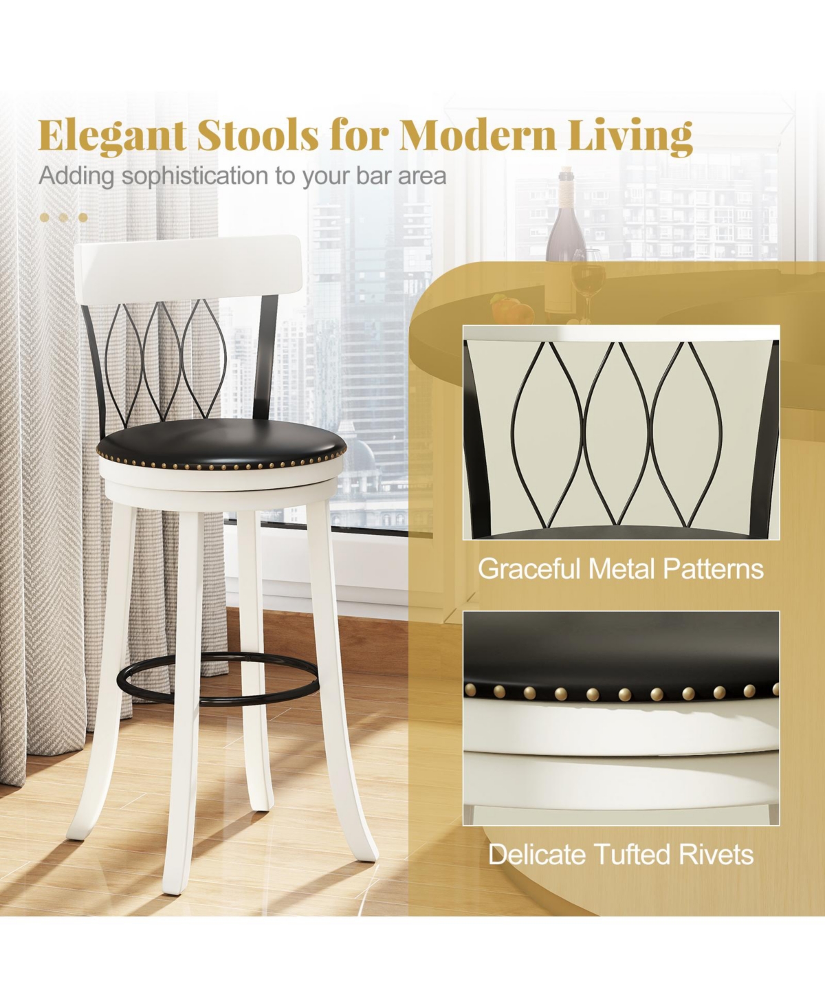 Gymax 29'' Set of Bar Stools w/ Footrest Rubber Wood Frame & Tufted Rivets