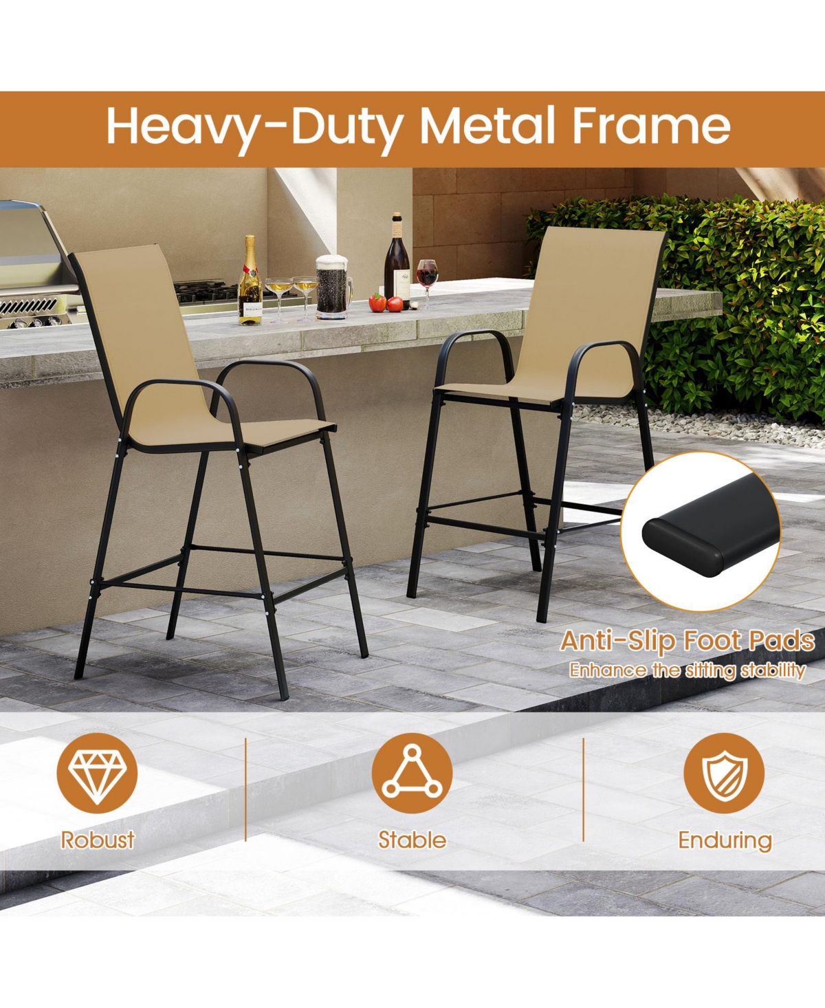 Gymax 4PCS Outdoor Bar Stools 29'' Fabric Height w/ Armrests & Footrest