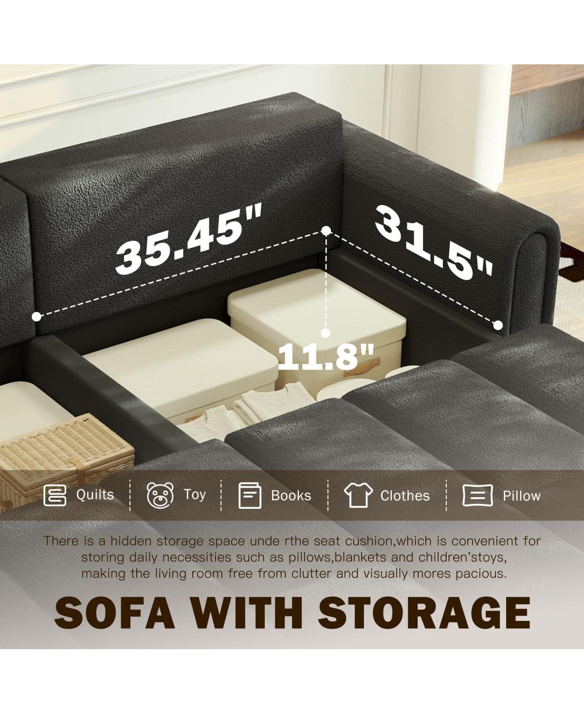 Maison Boucle Modern 4-Seat Teddy Fabric Sleeper Sofa with Storage, 90" Pull-Out Couch Bed, King Convertible for Living Room