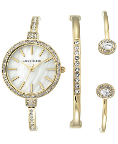 Anne Klein Women's Crystal Accent Gold-Tone Bangle Bracelet Watch and Bracelets Set 32mm AK-2516GBST