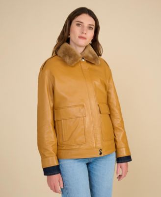 Women's Leather Jacket with Detachable Shearling Collar