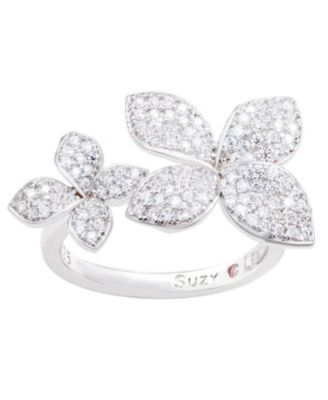 Suzy Levian Sterling Silver Cubic Zirconia Between The Finger Double Flower Ring