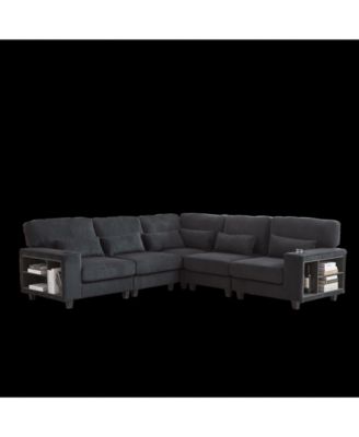 L-Shaped Corduroy Sectional Sofa with Storage & Cup Holder