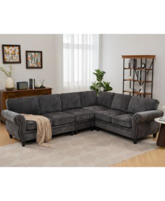 Dark Gray Chenille Sectional Sofa, Rivets, Rolled Arm, 6 Seater