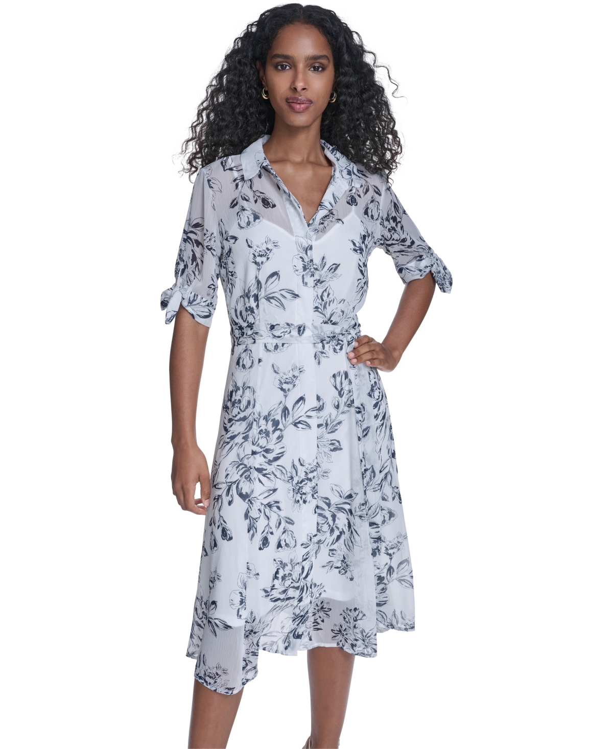 Calvin Klein Women's Tie-Sleeve Printed Midi Dress