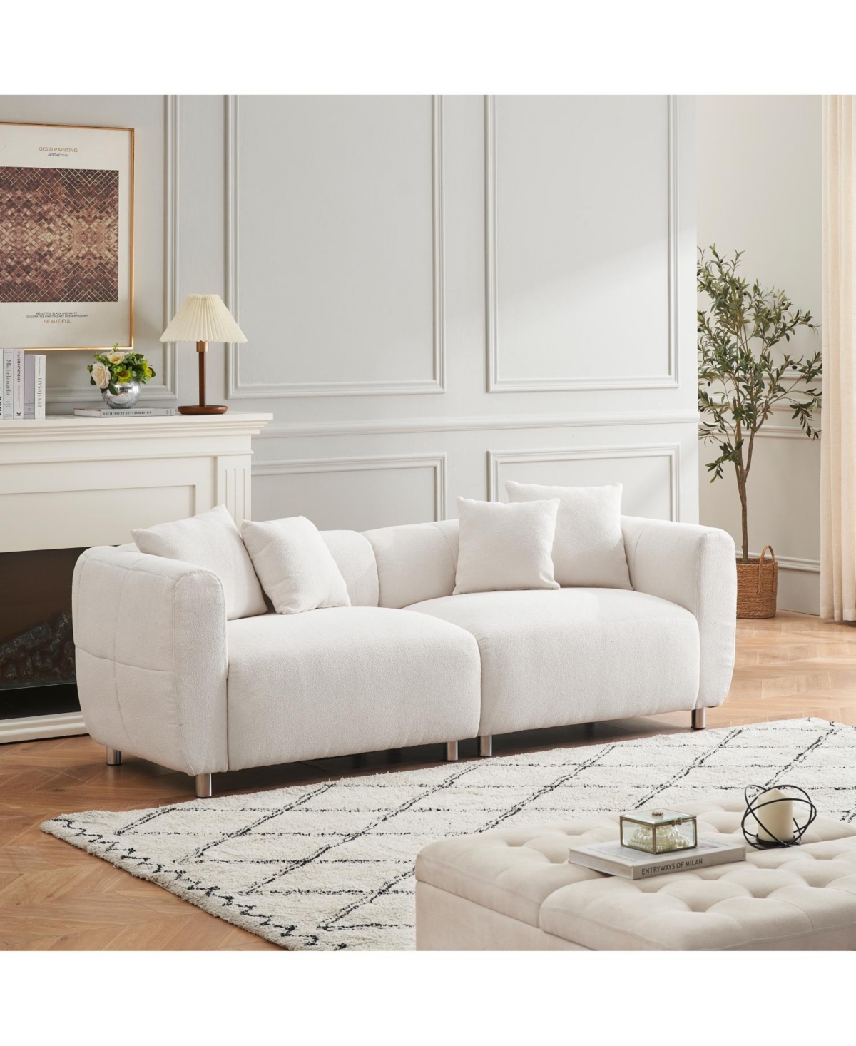 Streamdale Furniture 89" White Sofa with Metal Legs & Pillows