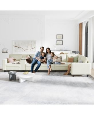 L-Shaped Corduroy Sofa w/ Storage USB & Console