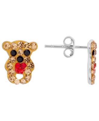 Crystal Stone Teddy Bear with Heart Stud Earrings