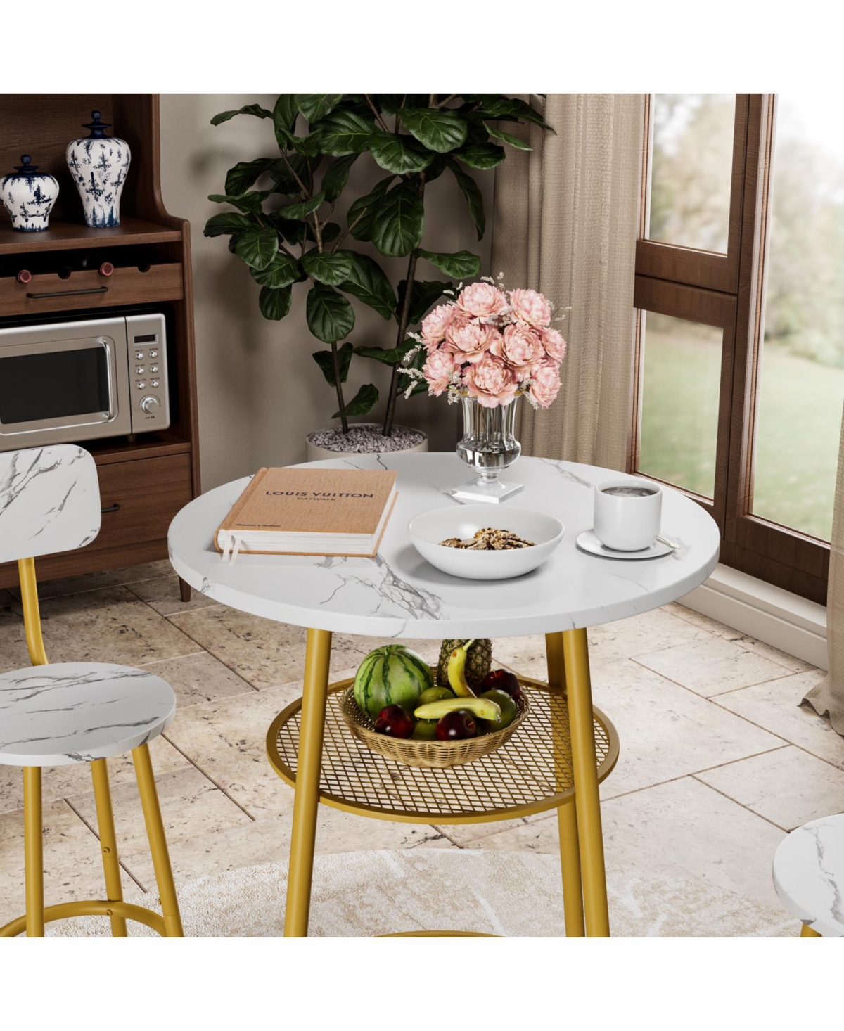 Streamdale Furniture 3-Pc Faux Marble Dining Set with 2 Stools