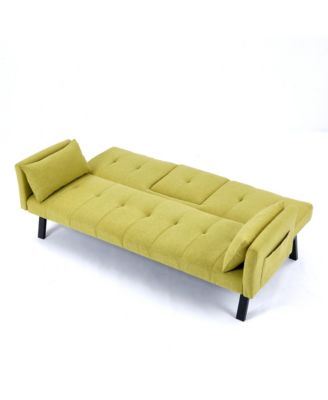 70" Cotton Linen Sofa Bed- Foldable, Cup Holder, Side Storage