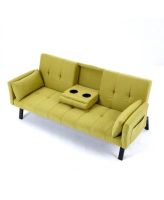 70" Cotton Linen Sofa Bed- Foldable, Cup Holder, Side Storage