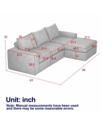 99" Corduroy Sectional Sofa with Chaise & 3 Pillows