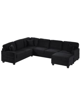 U-Shaped Sectional Sofa with Ottoman & Storage Pockets, Black
