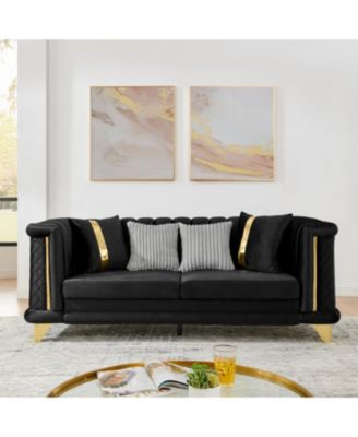 Velvet 3 Seater Sofa, Gold Trim, Tufted Couch with Pillows