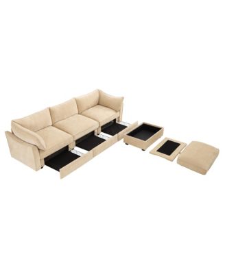 L-Shaped 3-Seater Chenille Sofa with Footstool - Wheat
