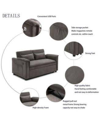 55" Velvet Pull Out Sofa Bed w/ USB, Pockets, Pillows