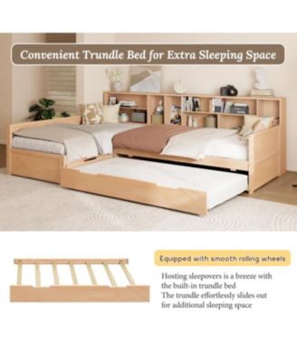  Twin L-Shaped Daybed with Trundle, Storage & Bookcases - Natural