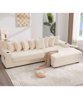 Corduroy L-Shaped Sectional Sofa with Ottoman, Pillows & Cup Holders - Beige