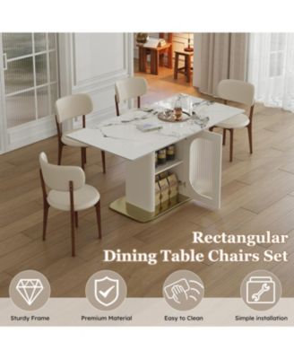 63" Modern Dining Table Set, Burnt Stone Top, Gold Base, 4 White Chairs
