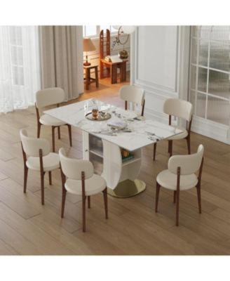 63" Modern Dining Table Set, Burnt Stone Top, Gold Base, 6