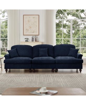 Mid Century Chenille 3-Seater Sofa - Flared Arms, Removable Skirt - Blue