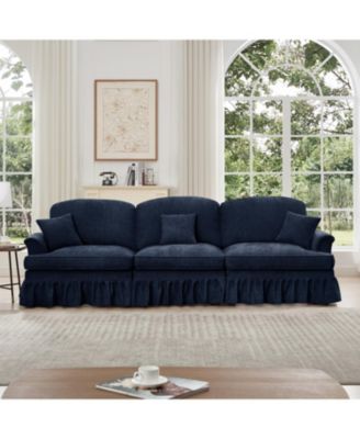 Mid Century Chenille 3-Seater Sofa - Flared Arms, Removable Skirt - Blue