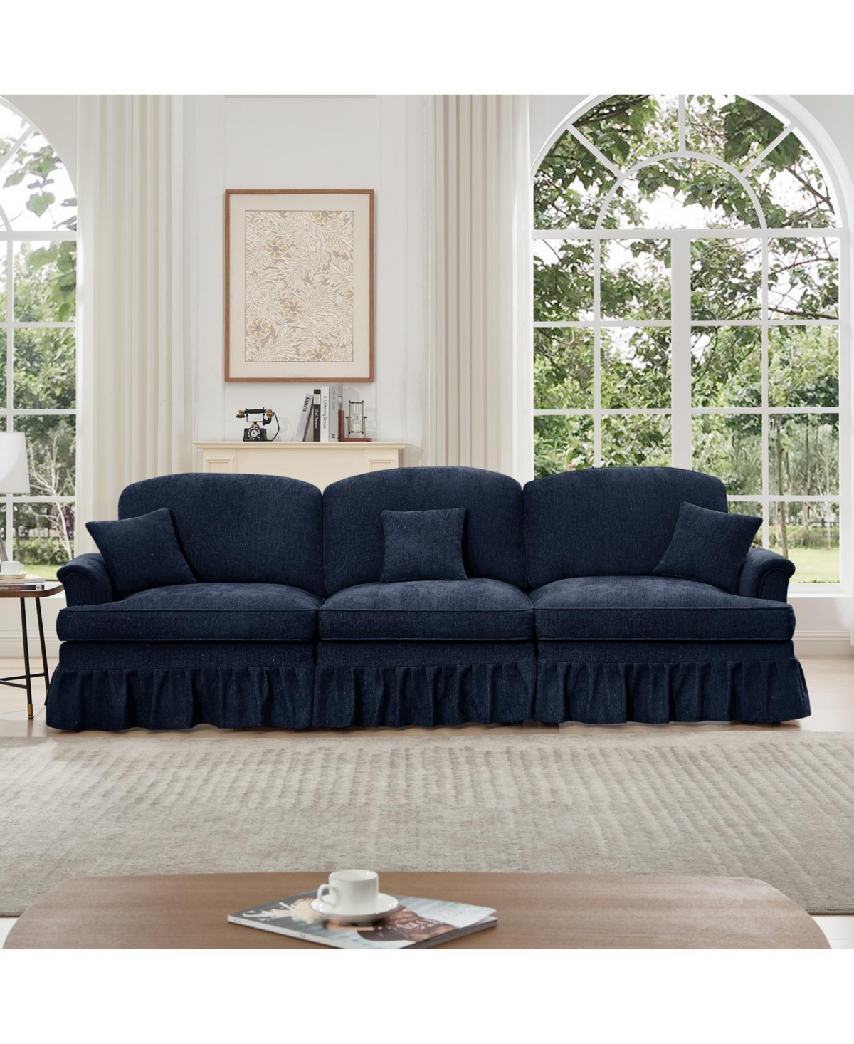 Streamdale Furniture Mid Century Chenille 3-Seater Sofa - Flared Arms, Removable Skirt - Blue