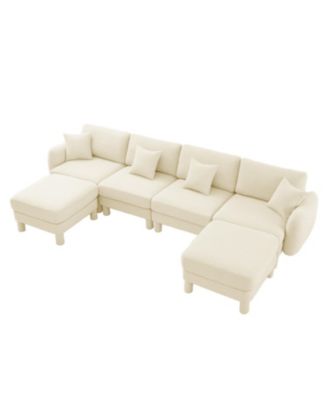 Streamdale Boucle U-Shape Sectional Sofa with Shell Armrests & Ottomans - Beige