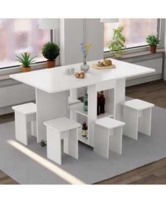 Folding Drop Leaf Dining Set with Storage & Wheels
