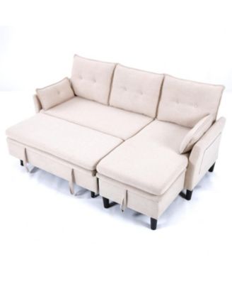 L-Shaped Sectional Sofa w/ Storage - Beige Cotton-Linen