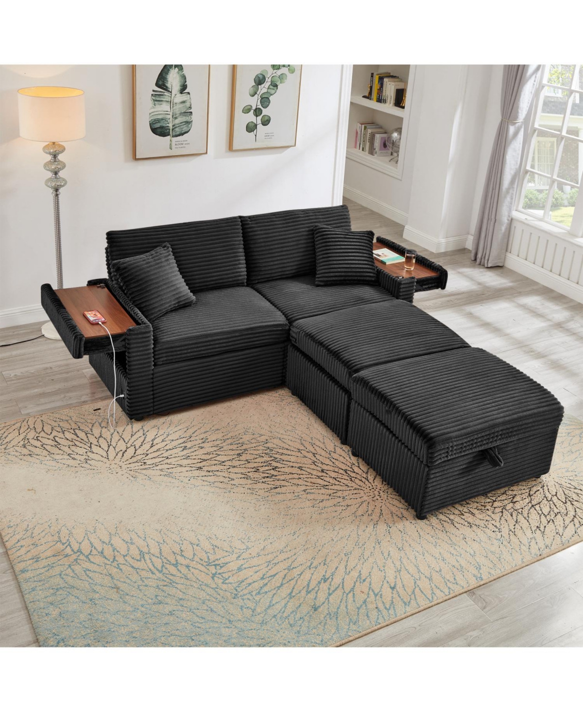 Streamdale Furniture Corduroy Loveseat Sofa with Ottomans & Table