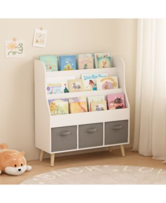 Streamdale Kids Bookshelf with 3 Fabric Bins White Wooden Book Organizer