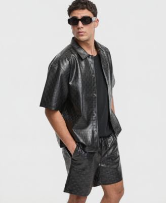 Men's Relaxed-Fit Checkerboard Pleather Short-Sleeve Shirt