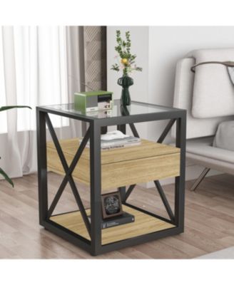 Modern End Table with Drawer - Natural Wood & Glass